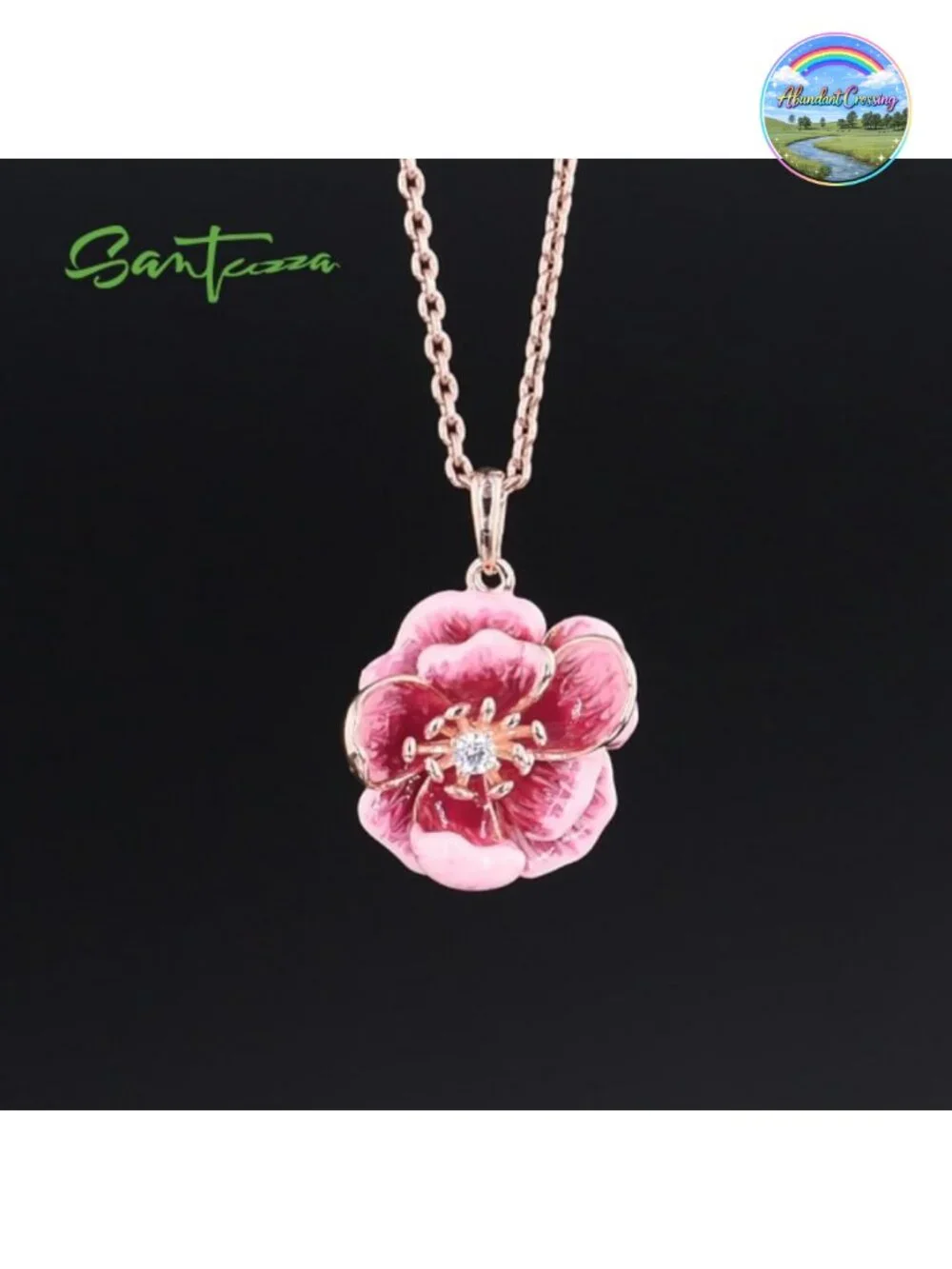 925 Sterling Silver Handmade Enamel Peony Flower Pendant with Cubic Zirconia